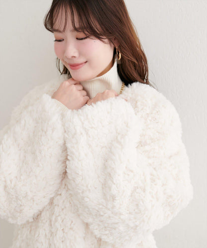 拼色仿羊羔絨中長款大衣