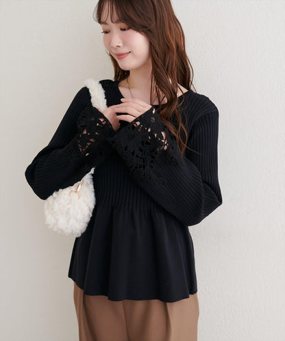 袖部蕾絲荷葉邊針織衫