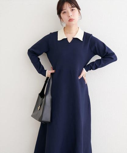 拼色翻領針織連衣裙