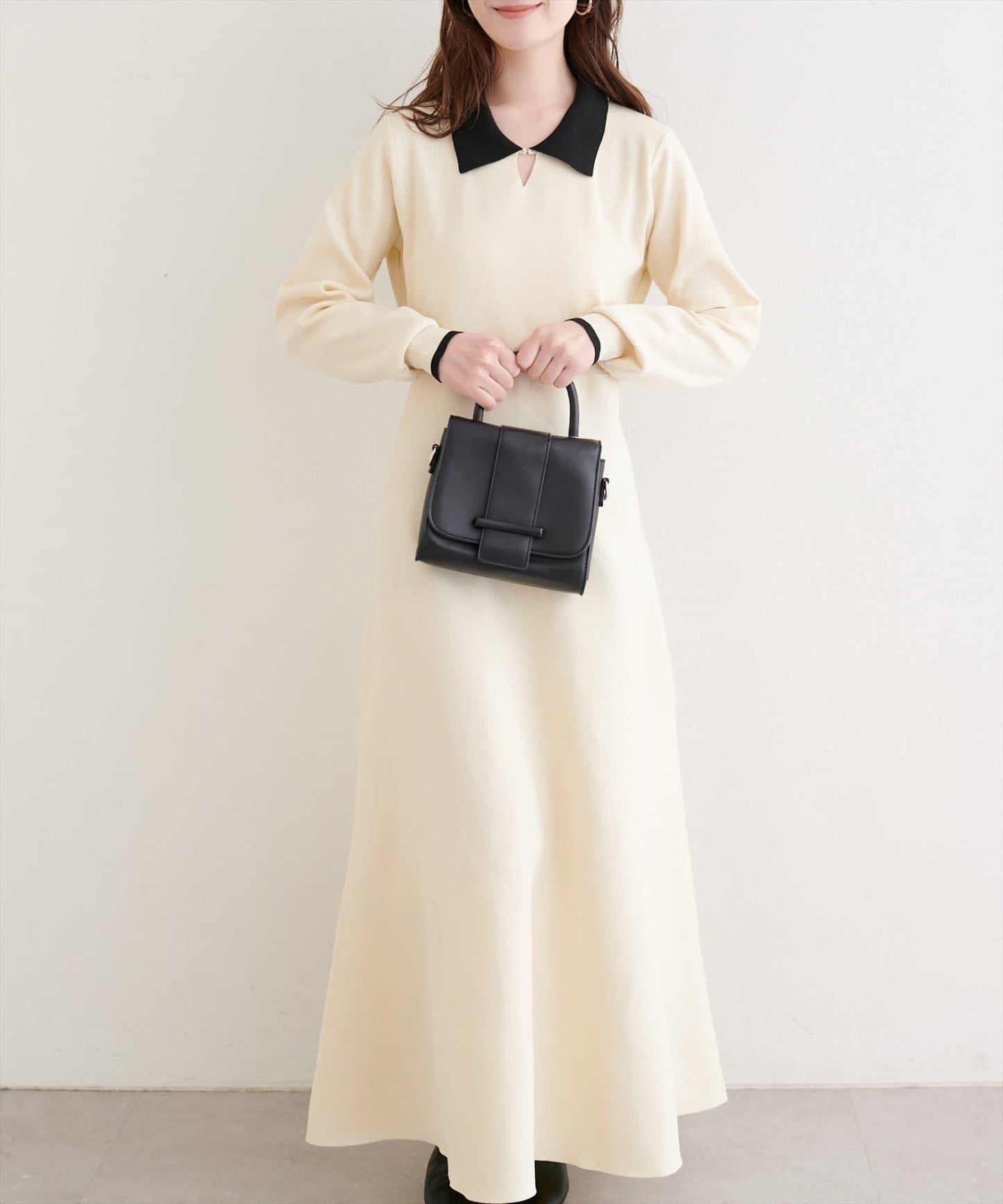 拼色翻領針織連衣裙