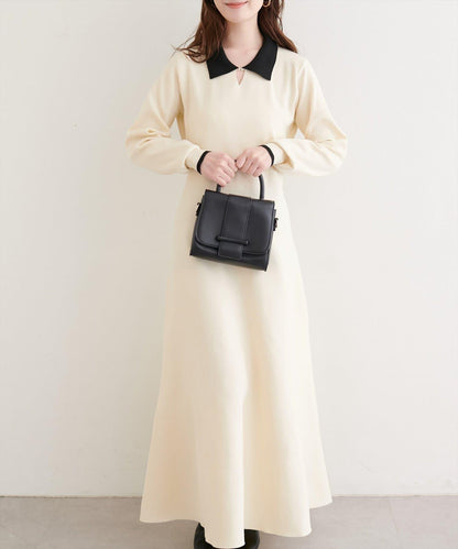 拼色翻領針織連衣裙