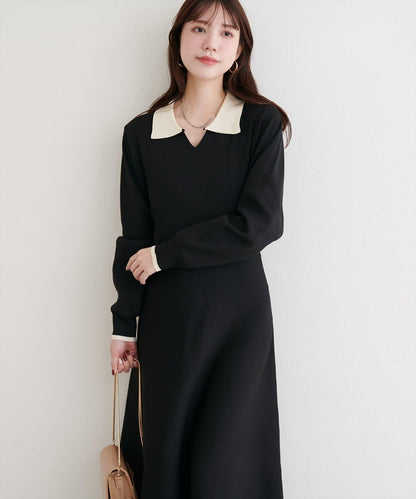拼色翻領針織連衣裙