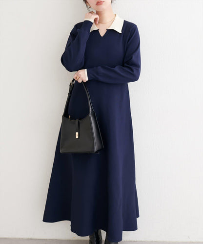 拼色翻領針織連衣裙