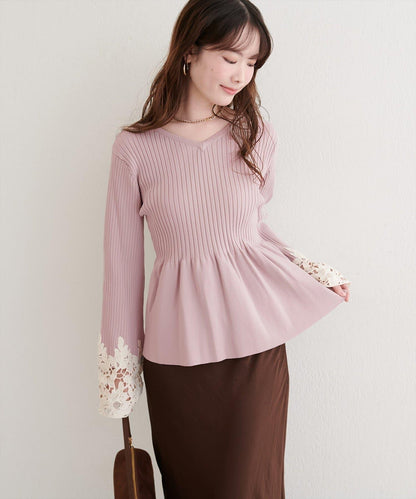 袖部蕾絲荷葉邊針織衫