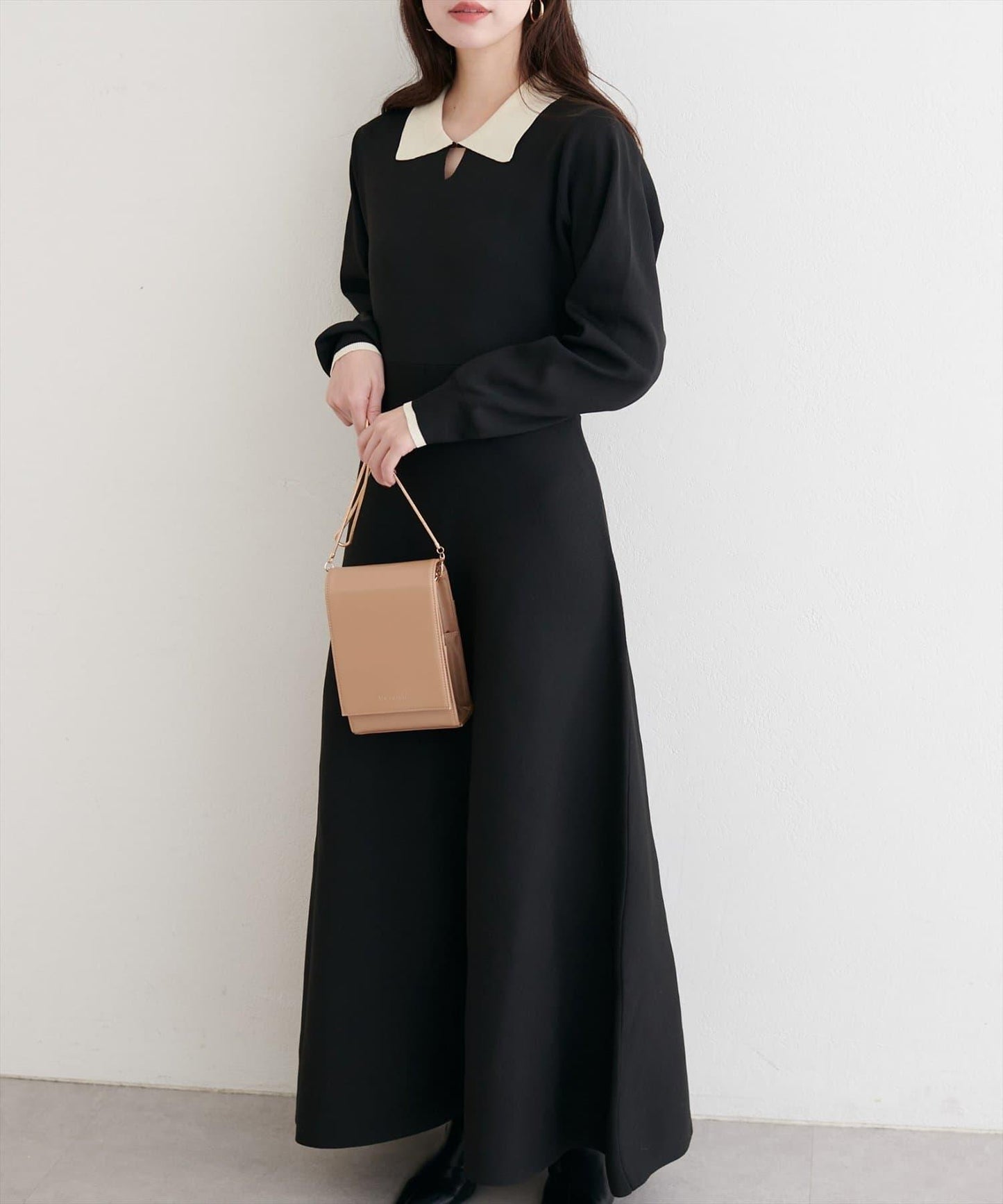 拼色翻領針織連衣裙