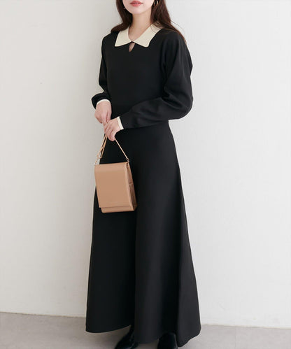 拼色翻領針織連衣裙