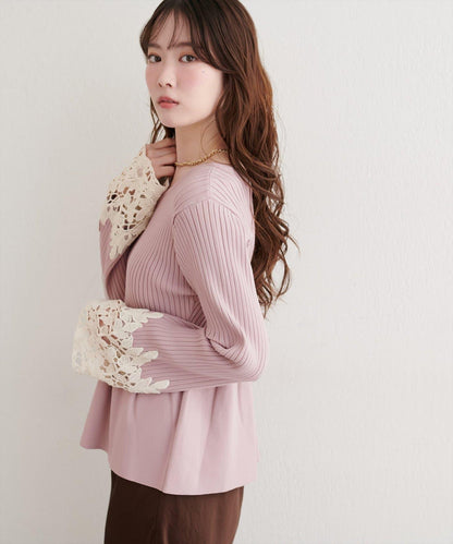袖部蕾絲荷葉邊針織衫