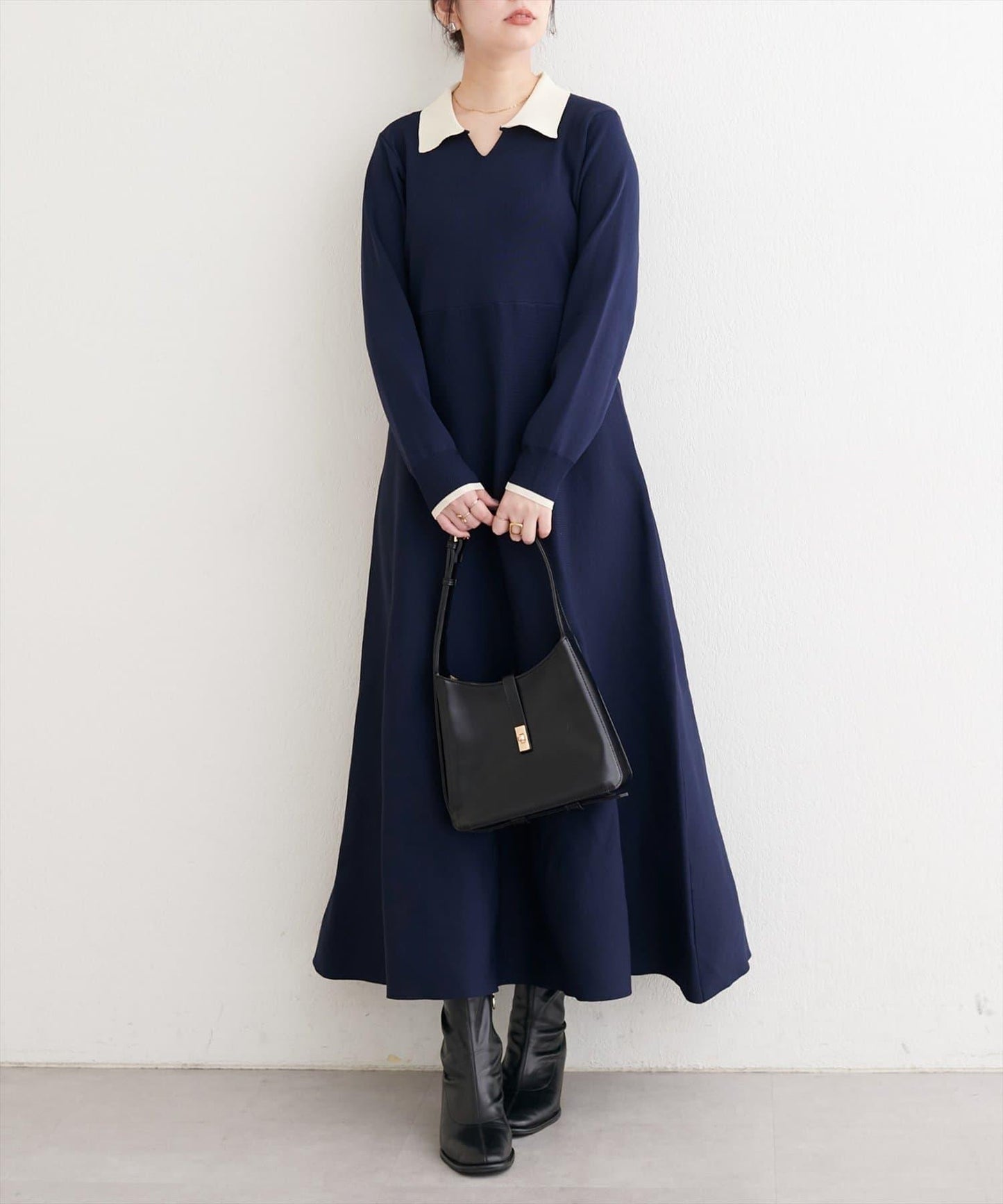 拼色翻領針織連衣裙