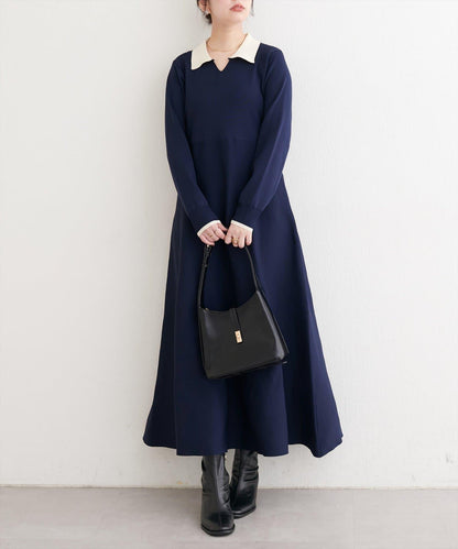 拼色翻領針織連衣裙