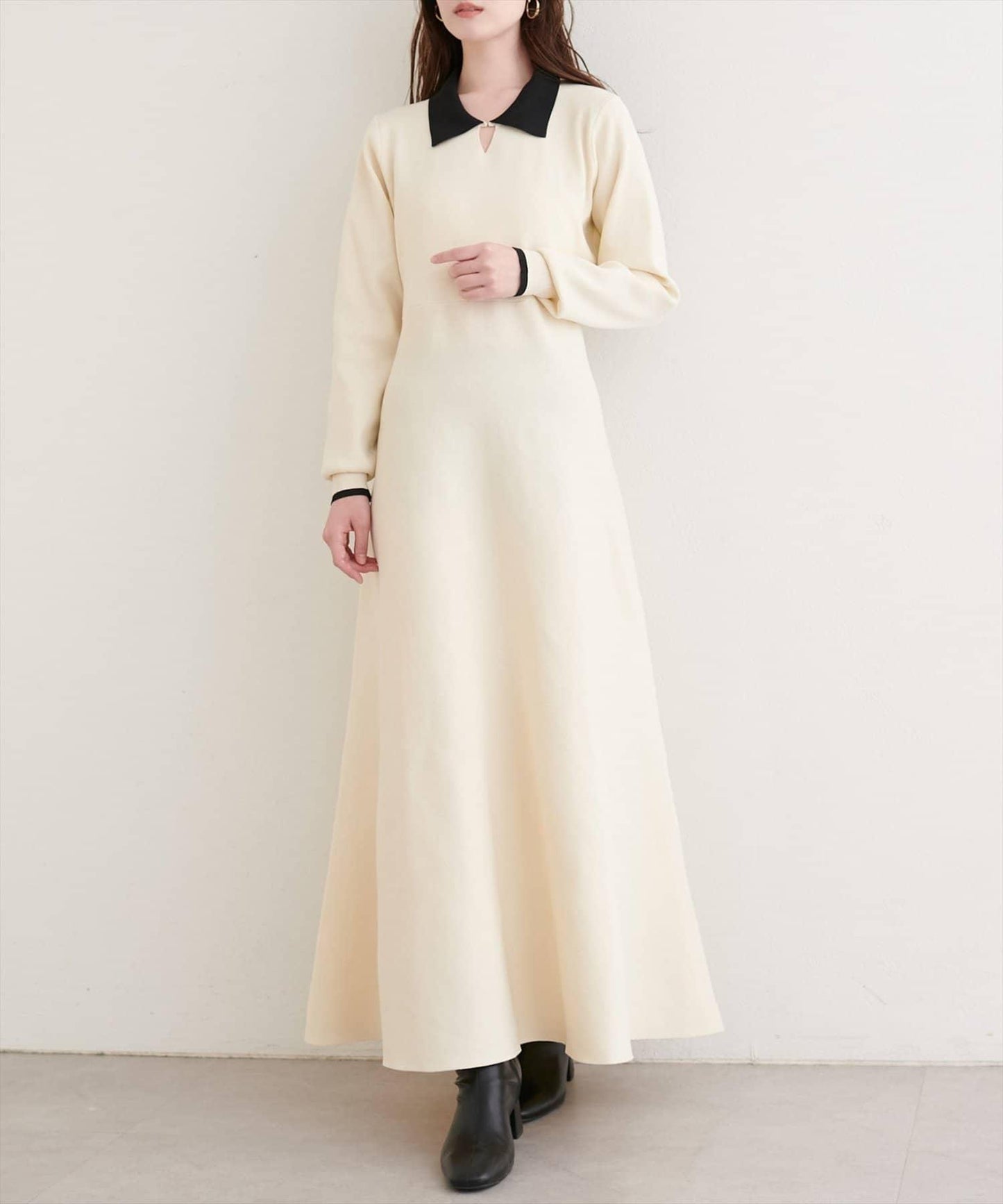 拼色翻領針織連衣裙