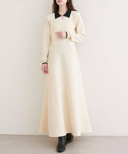 拼色翻領針織連衣裙