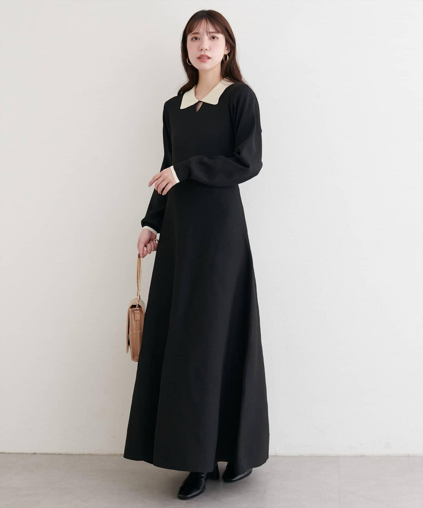 拼色翻領針織連衣裙