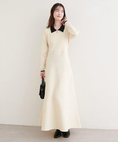 拼色翻領針織連衣裙