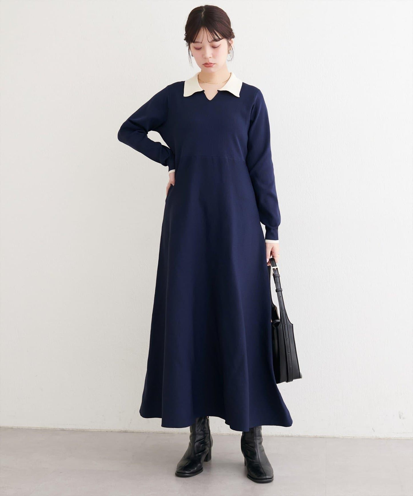 拼色翻領針織連衣裙