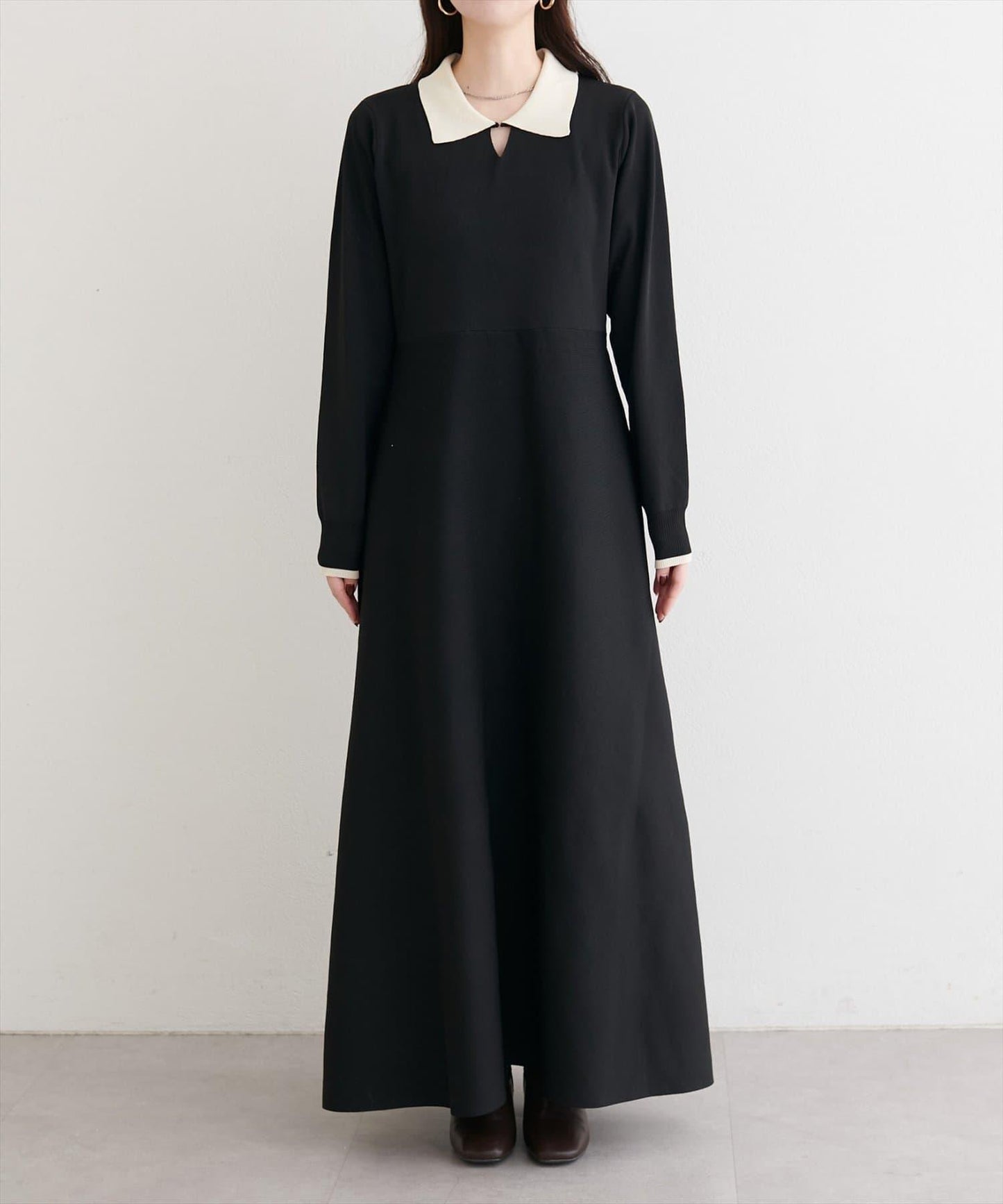 拼色翻領針織連衣裙