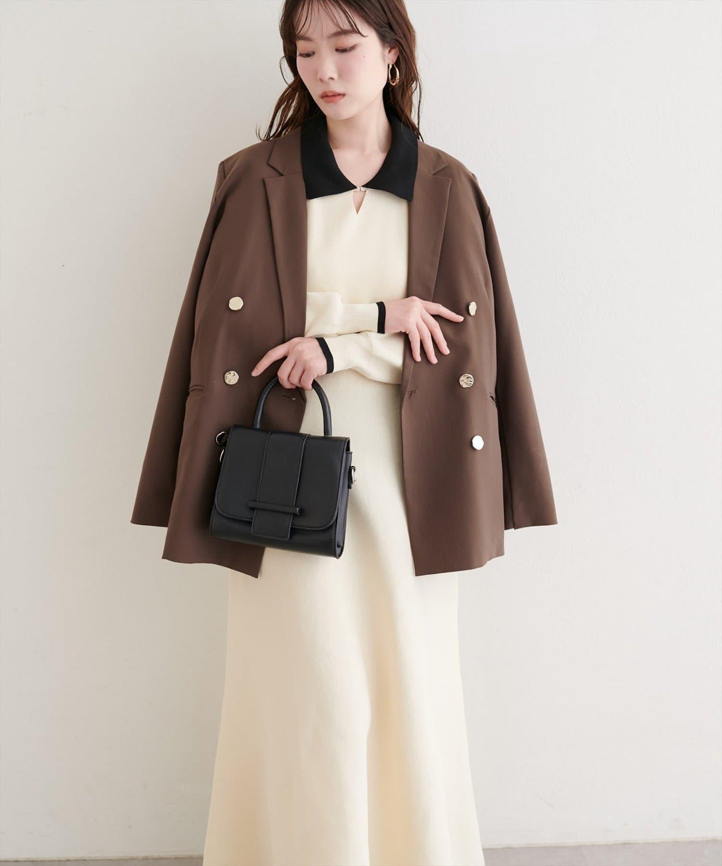 拼色翻領針織連衣裙