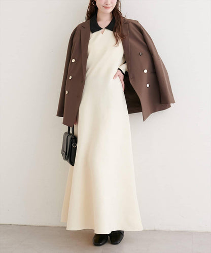 拼色翻領針織連衣裙