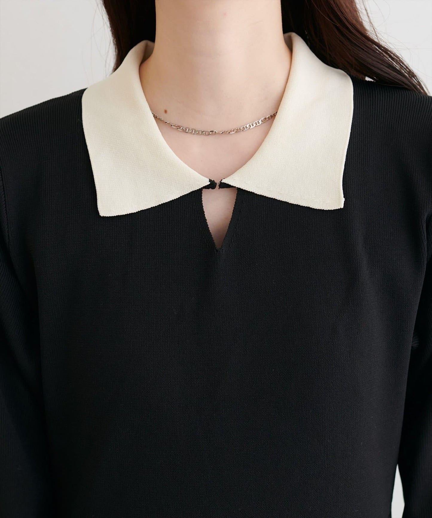 拼色翻領針織連衣裙