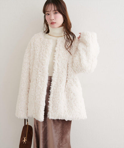 拼色仿羊羔絨中長款大衣
