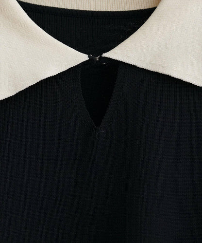 拼色翻領針織連衣裙