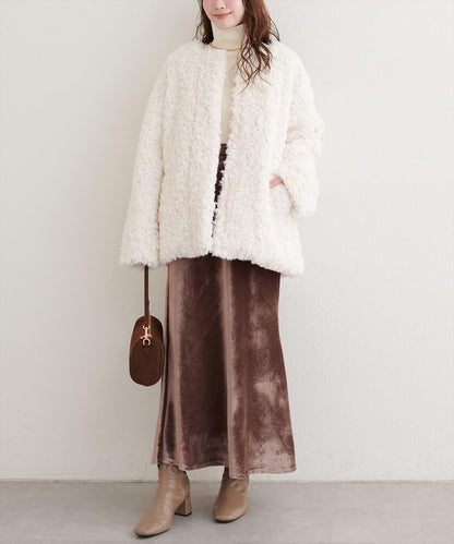 拼色仿羊羔絨中長款大衣