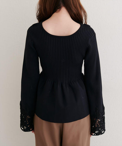 袖部蕾絲荷葉邊針織衫