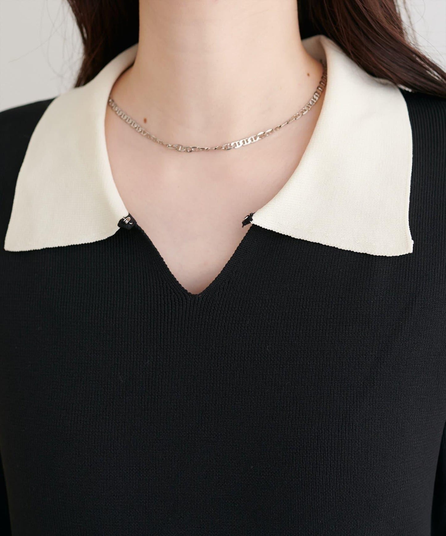 拼色翻領針織連衣裙