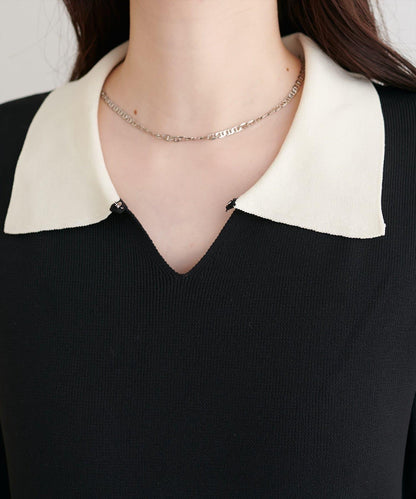 拼色翻領針織連衣裙