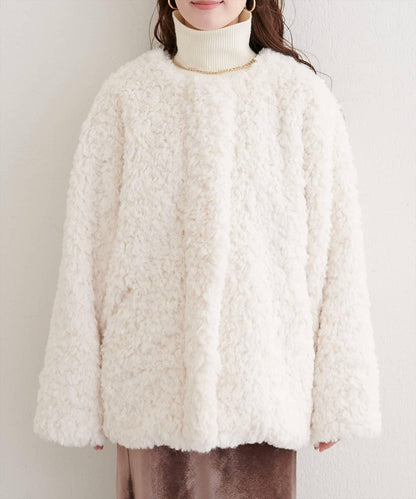 拼色仿羊羔絨中長款大衣