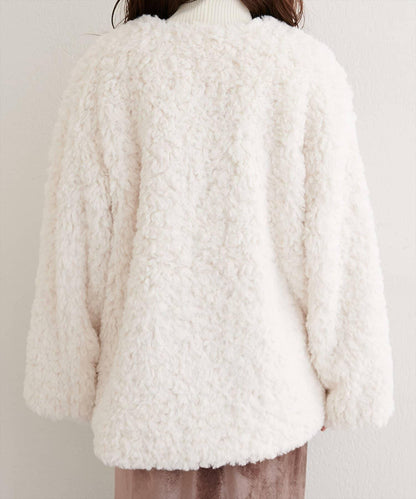 拼色仿羊羔絨中長款大衣