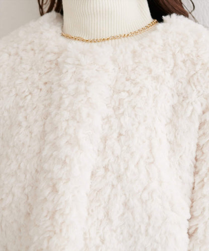 拼色仿羊羔絨中長款大衣