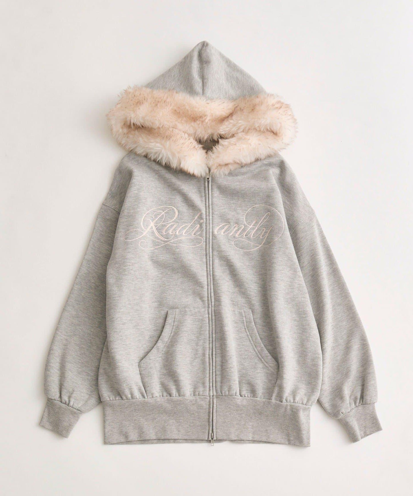 帶標誌刺繡毛絨連帽拉鍊衛衣