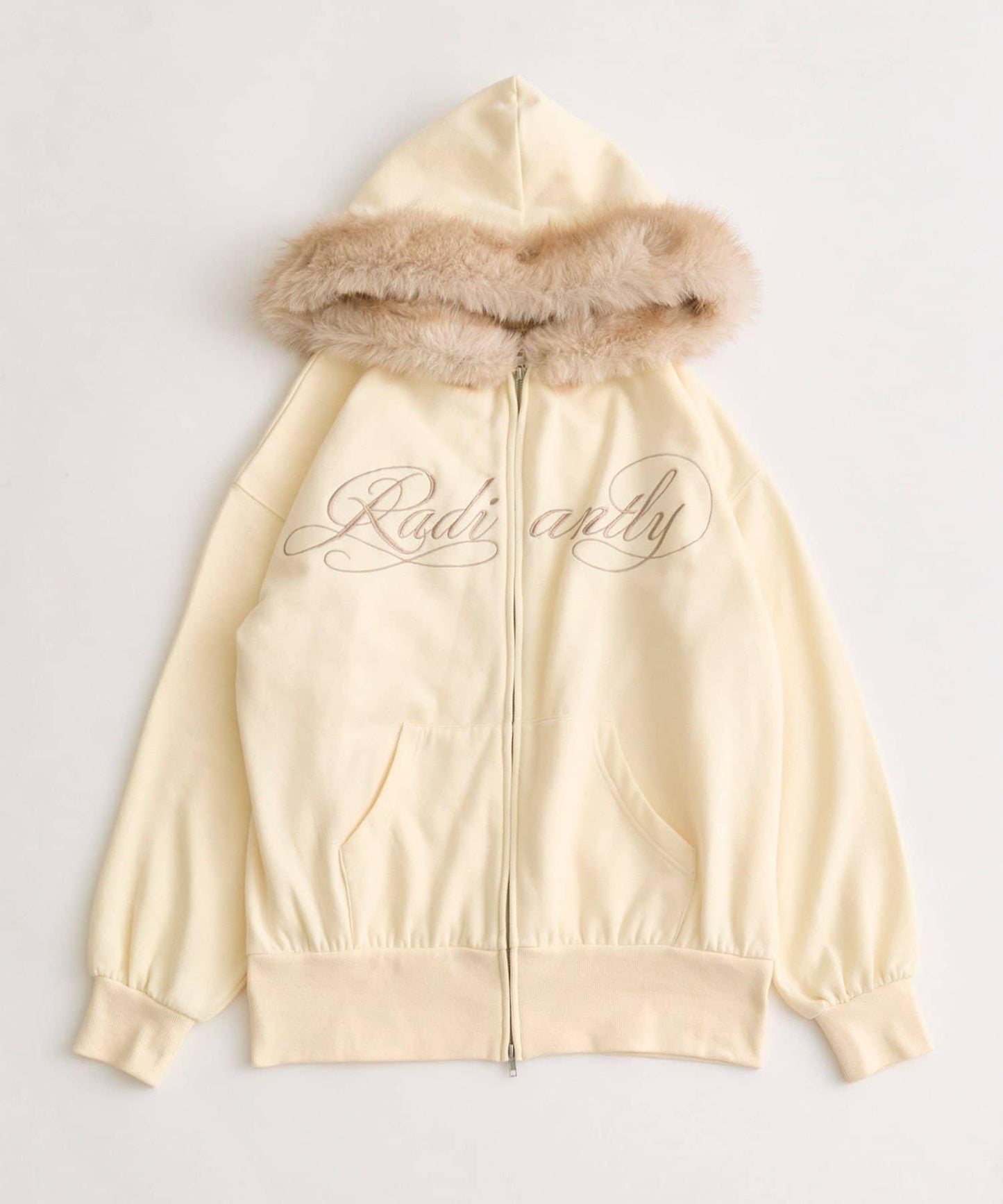 帶標誌刺繡毛絨連帽拉鍊衛衣