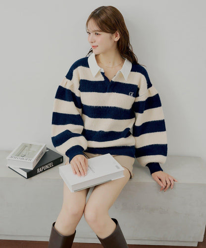 寬鬆條紋橄欖球針織衫