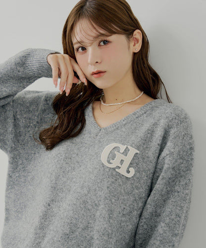 胸部標誌V領寬鬆針織衫