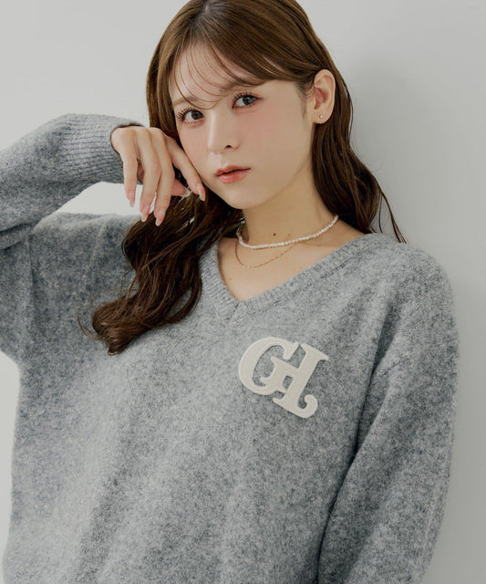 胸部標誌V領寬鬆針織衫