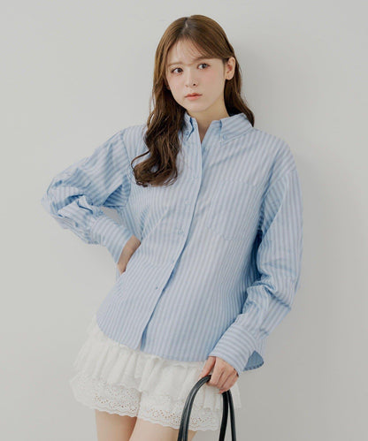 附胸針條紋寬鬆襯衫