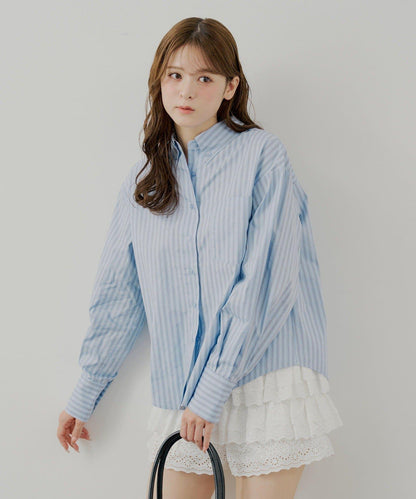 附胸針條紋寬鬆襯衫