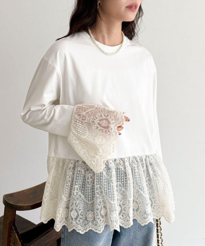 蕾絲拼接長袖T恤