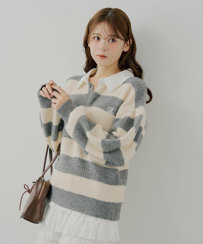 寬鬆條紋橄欖球針織衫