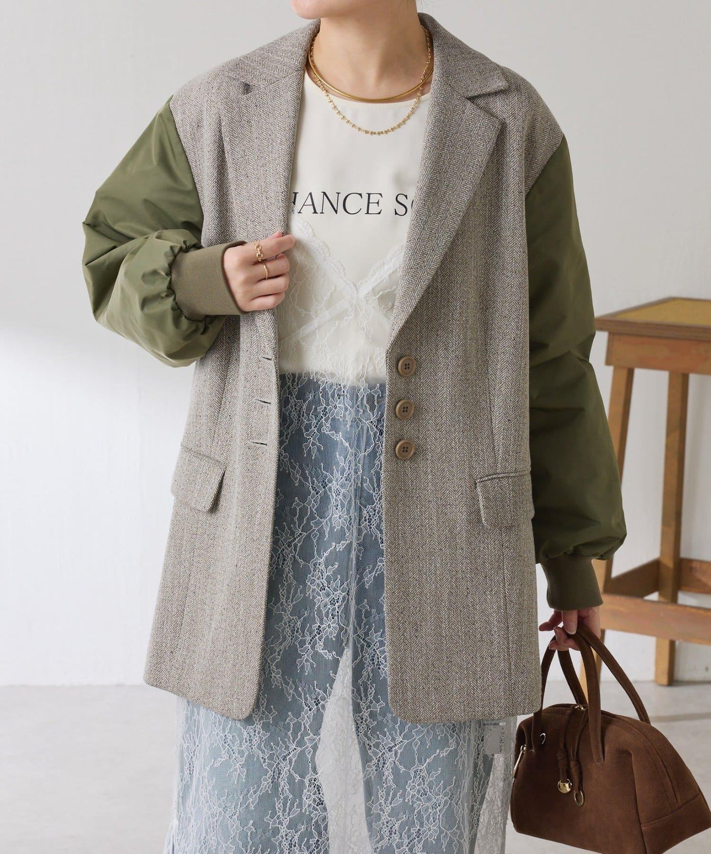 三扣拼接袖西裝夾克