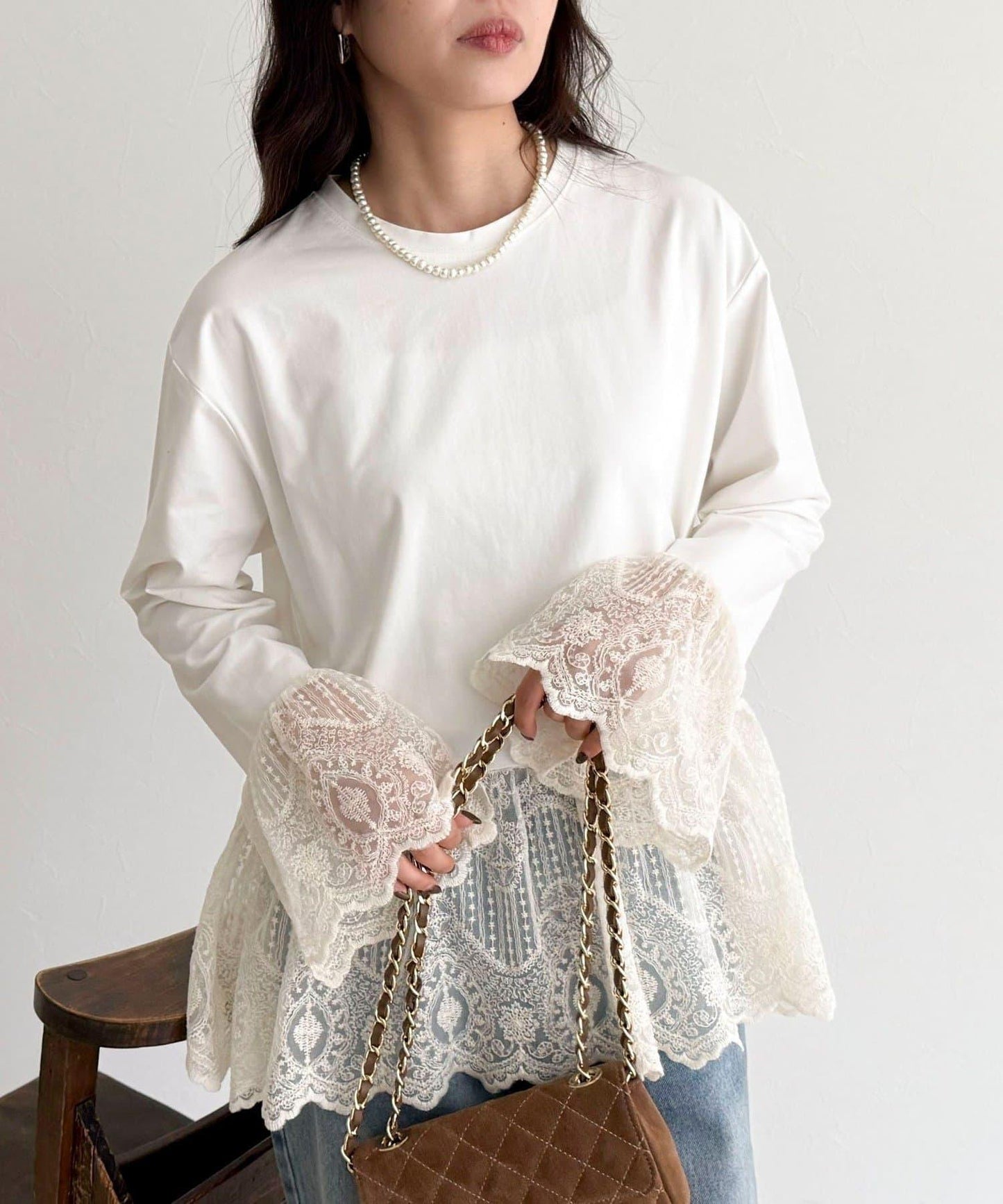 蕾絲拼接長袖T恤