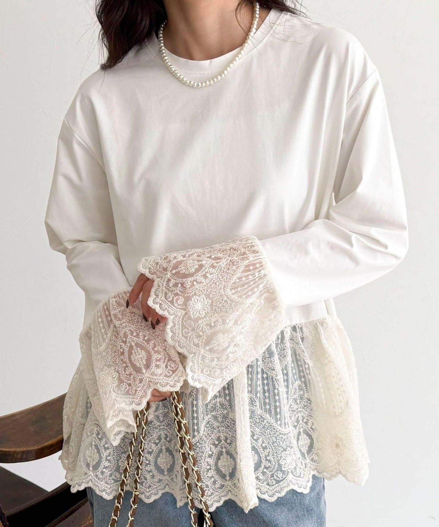 蕾絲拼接長袖T恤