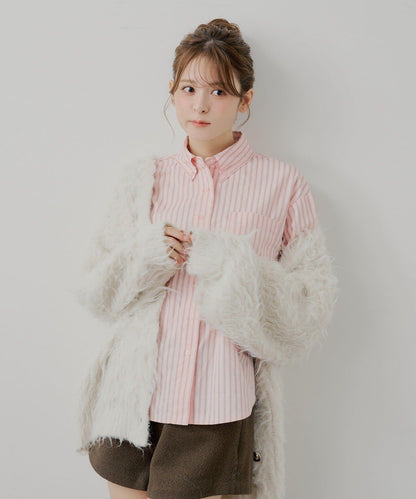 附胸針條紋寬鬆襯衫