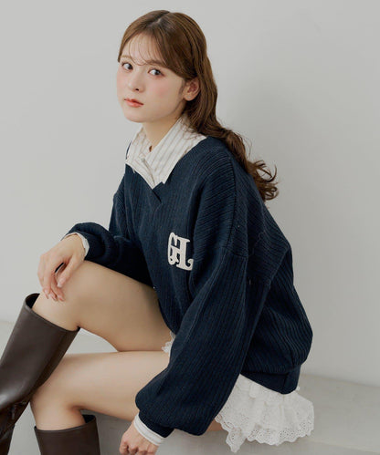 附胸針條紋寬鬆襯衫