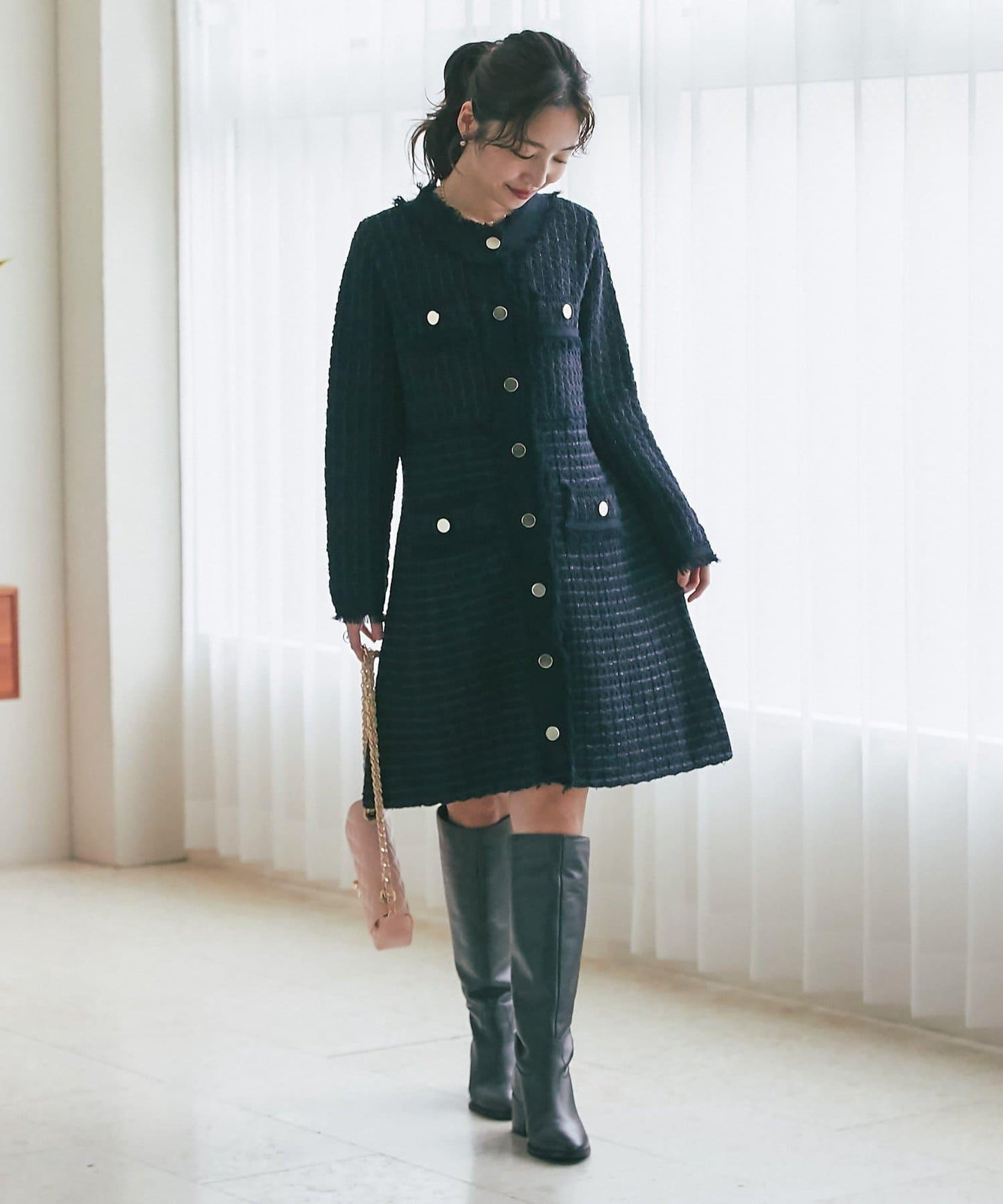 ファンシーツイードニットミニワンピース