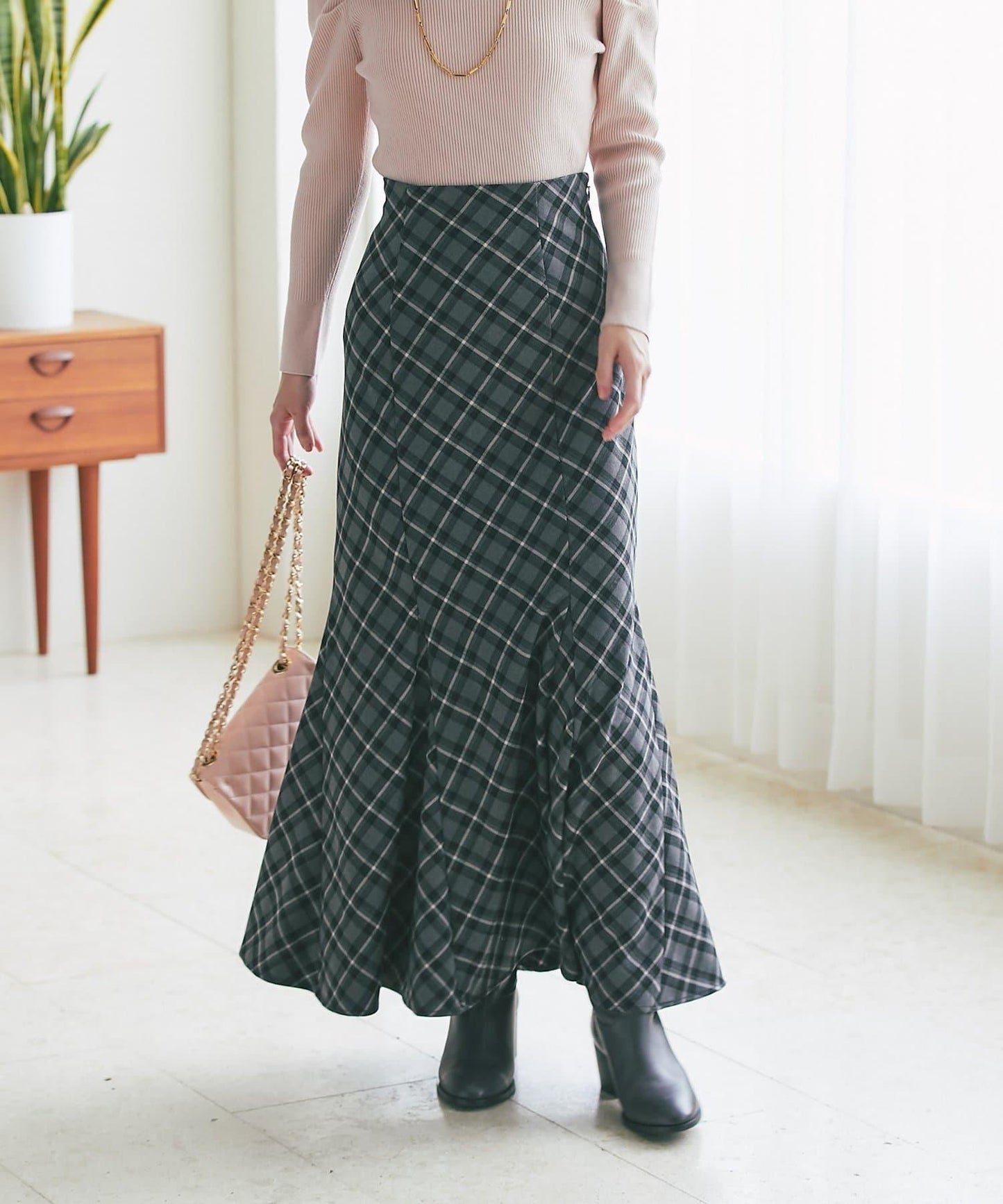 後繫帶格紋半身裙