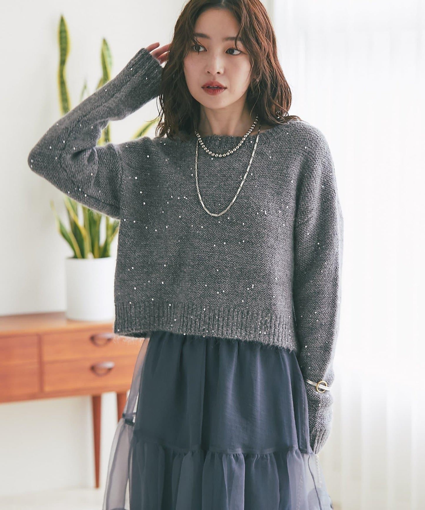 スパンコールモヘアボートネックニット