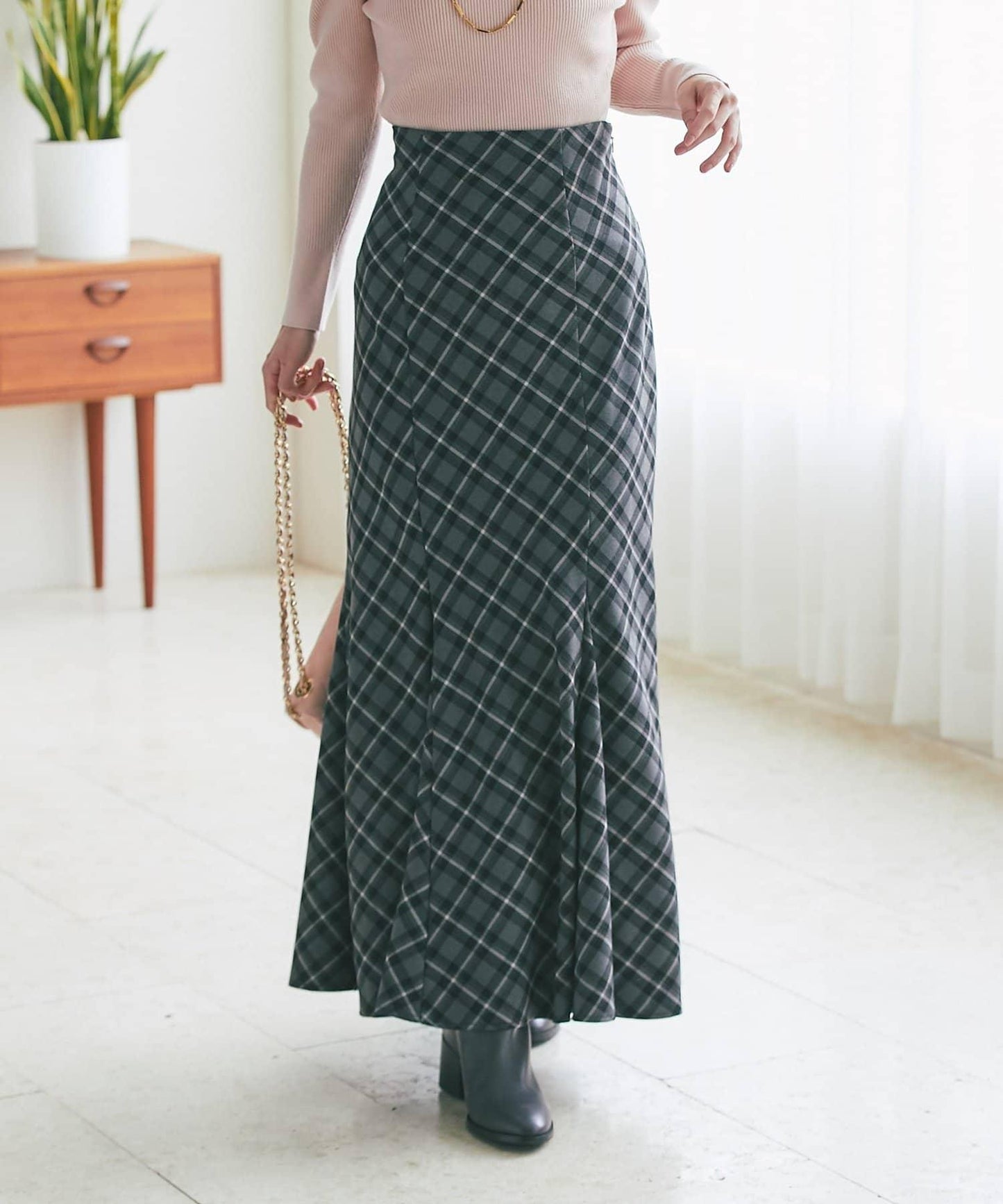 後繫帶格紋半身裙