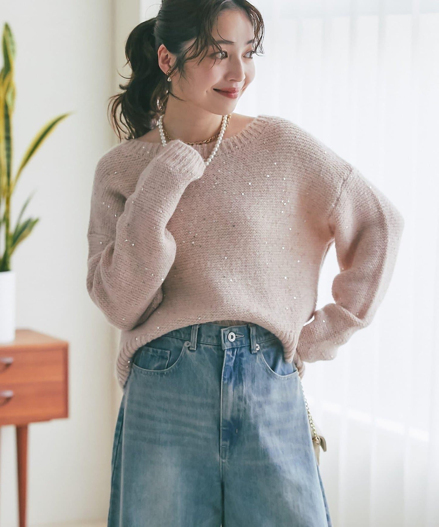 スパンコールモヘアボートネックニット